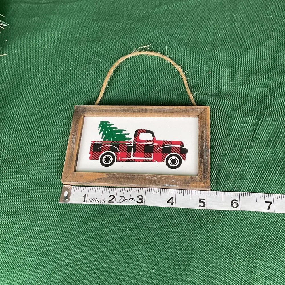 Framed Buffalo Plaid Red Truck Christmas Sign Ornament | Rustic Wooden Holiday